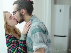 Lovely blond teen is fucked by kinky and nerd dude in glasses