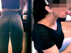 Naughty brazilian wife sucks gym staff in bathroom - messy facial cum in mouth