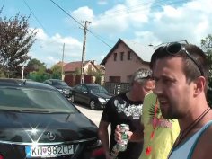 German pool party hot girls get naked with guys for outdoor threesome blowjob